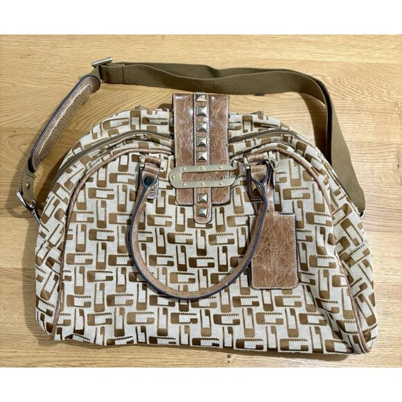 Vintage Y2K Guess Monogram Studded Shoulder Bag Purse Tote Brown - Picture 1 of 16
